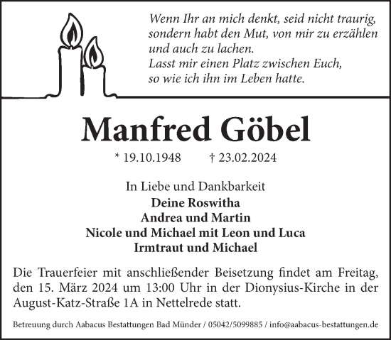 Traueranzeige von Manfred Göbel von Neue Deister-Zeitung