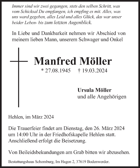 Traueranzeige von Manfred Möller von Deister- und Weserzeitung