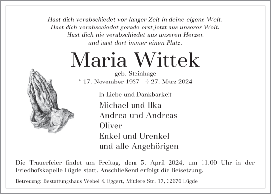 Traueranzeige von Maria Wittek von Deister- und Weserzeitung