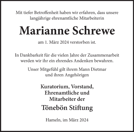 Traueranzeige von Marianne Schrewe von Deister- und Weserzeitung