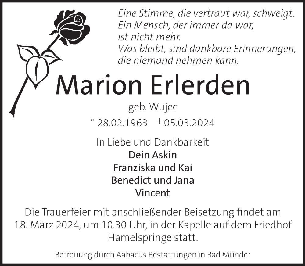  Traueranzeige für Marion Erlerden vom 09.03.2024 aus Neue Deister-Zeitung