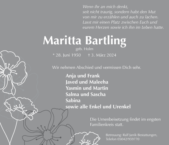 Traueranzeige von Maritta Bartling von Neue Deister-Zeitung
