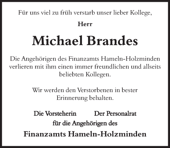 Traueranzeige von Michael Brandes von Deister- und Weserzeitung