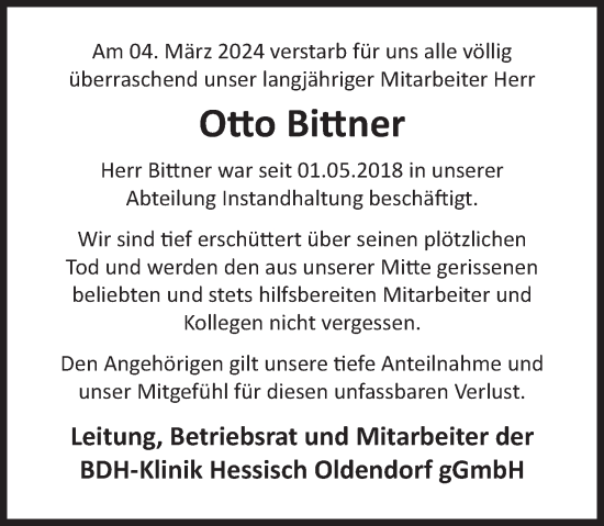 Traueranzeige von Otto Bittner von Deister- und Weserzeitung