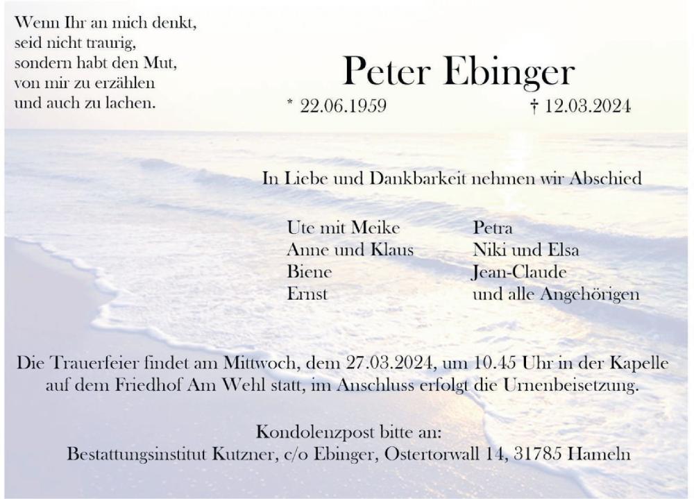  Traueranzeige für Peter Ebinger vom 23.03.2024 aus Deister- und Weserzeitung