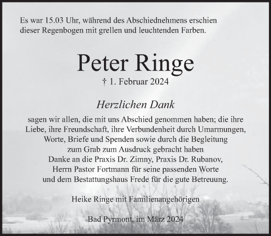 Traueranzeige von Peter Ringe von Deister- und Weserzeitung