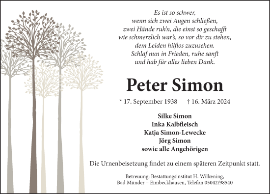 Traueranzeige von Peter Simon von Neue Deister-Zeitung