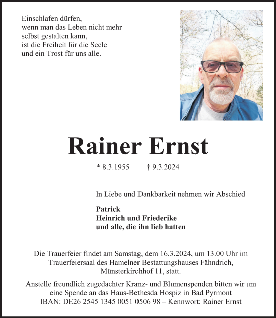 Traueranzeige von Rainer Ernst von Deister- und Weserzeitung