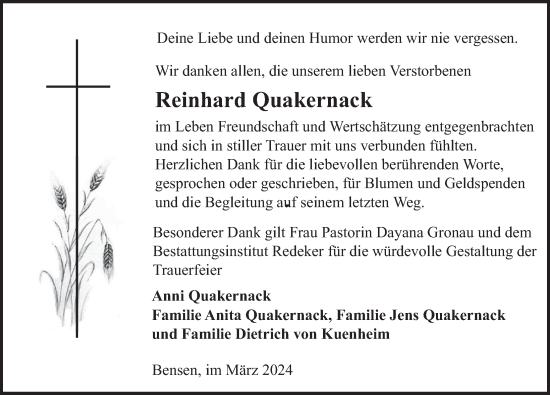 Traueranzeige von Reinhard Quakernack von Deister- und Weserzeitung