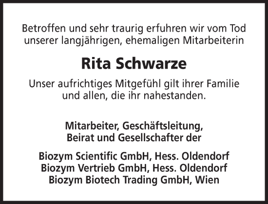 Traueranzeige von Rita Schwarze von Deister- und Weserzeitung