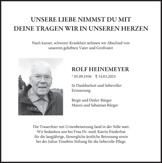 Traueranzeige von Rolf Heinemeyer von Deister- und Weserzeitung