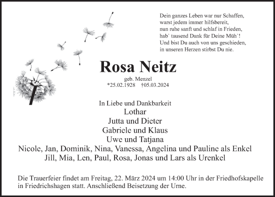 Traueranzeige von Rosa Neitz von Deister- und Weserzeitung