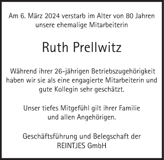 Traueranzeige von Ruth Prellwitz von Deister- und Weserzeitung