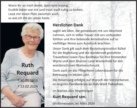 Traueranzeige von Ruth Requard von Deister- und Weserzeitung
