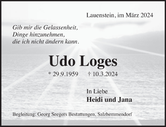 Traueranzeige von Udo Loges von Deister- und Weserzeitung