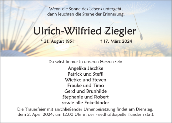 Traueranzeige von Ulrich-Wilfried Ziegler von Deister- und Weserzeitung