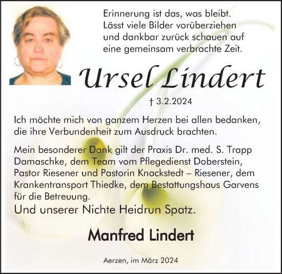 Traueranzeige von Ursel Lindert von Deister- und Weserzeitung