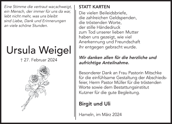 Traueranzeige von Ursula Weigel von Deister- und Weserzeitung
