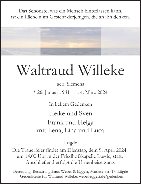 Traueranzeige von Waltraud Willeke von Deister- und Weserzeitung
