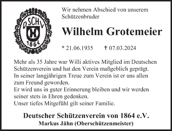 Traueranzeige von Wilhelm Grotemeier von Deister- und Weserzeitung