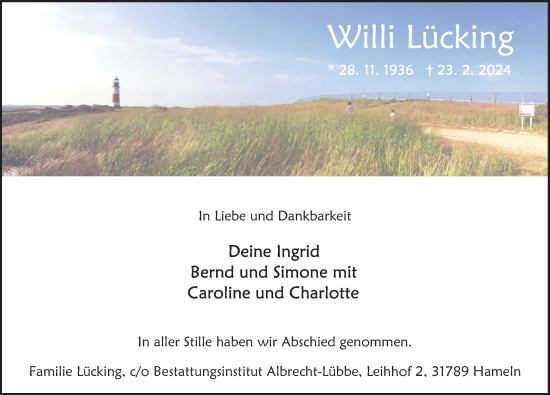 Traueranzeige von Willi Lücking von Deister- und Weserzeitung