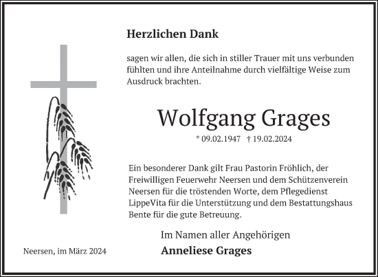 Traueranzeige von Wolfgang Grages von Deister- und Weserzeitung