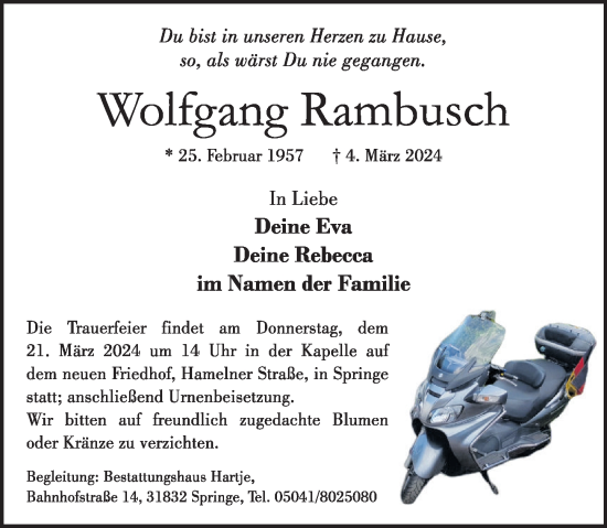 Traueranzeige von Wolfgang Rambusch von Neue Deister-Zeitung