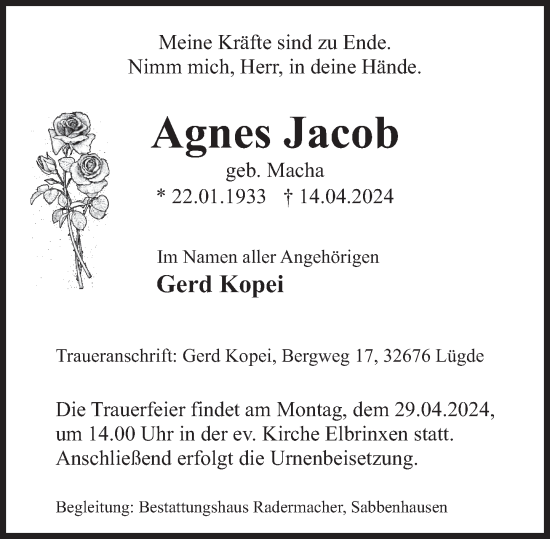 Traueranzeige von Agnes Jacob von Deister- und Weserzeitung