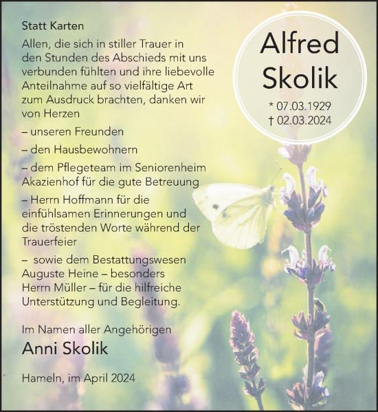 Traueranzeige von Alfred Skolik von Deister- und Weserzeitung