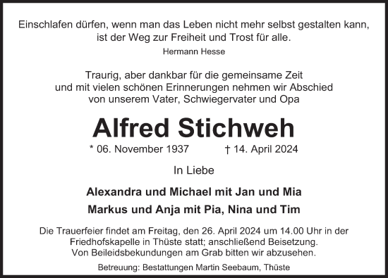 Traueranzeige von Alfred Stichweh von Deister- und Weserzeitung