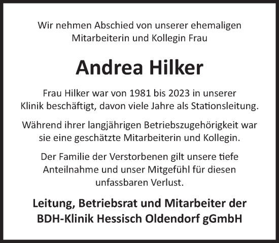 Traueranzeige von Andrea Hilker von Deister- und Weserzeitung