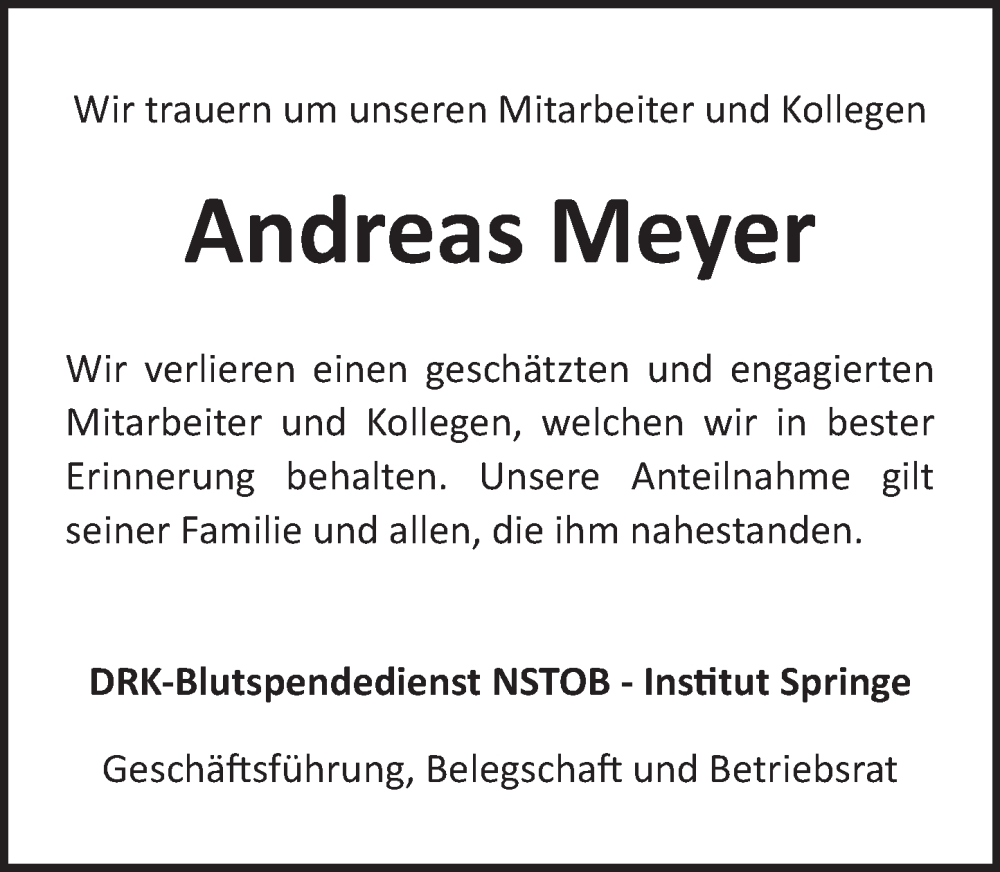  Traueranzeige für Andreas Meyer vom 06.04.2024 aus Neue Deister-Zeitung