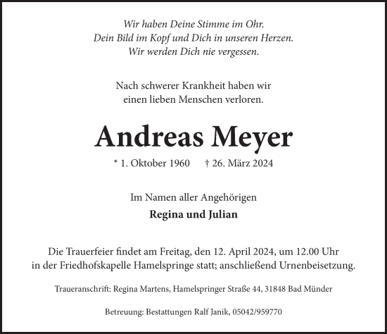 Traueranzeige von Andreas Meyer von Neue Deister-Zeitung