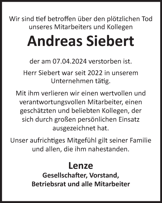 Traueranzeige von Andreas Siebert von Deister- und Weserzeitung