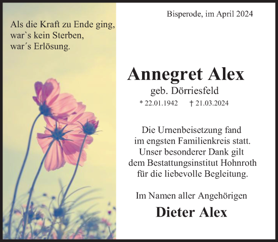 Traueranzeige von Annegret Alex von Deister- und Weserzeitung
