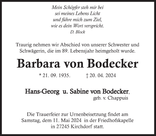 Traueranzeige von Barbara von Bodecker von Deister- und Weserzeitung