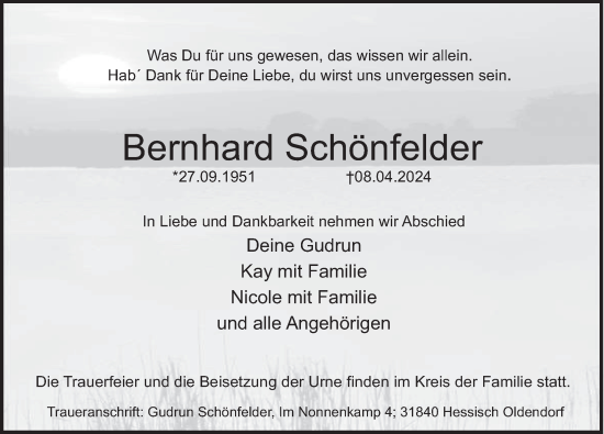 Traueranzeige von Bernhard Schönfelder von Deister- und Weserzeitung