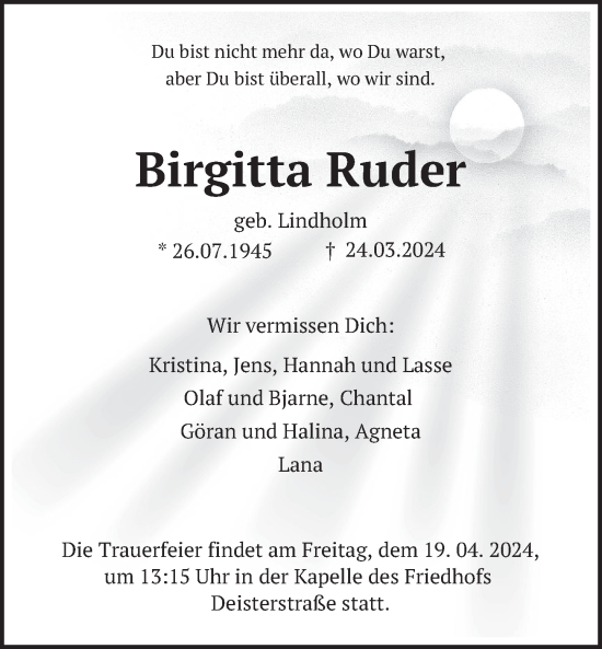 Traueranzeige von Birgitta Ruder von Deister- und Weserzeitung