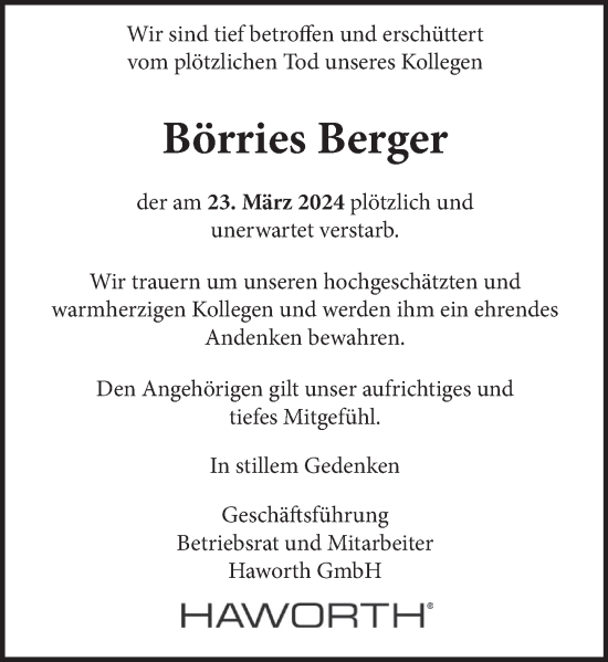 Traueranzeige von Börries Berger von Neue Deister-Zeitung