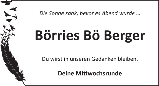 Traueranzeige von Börries Bö Berger von Neue Deister-Zeitung