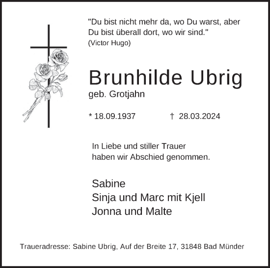 Traueranzeige von Brunhilde Ubrig von Neue Deister-Zeitung