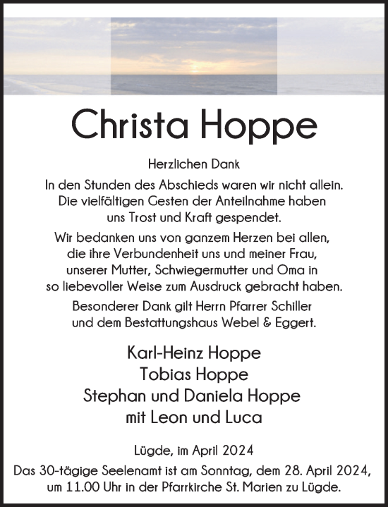 Traueranzeige von Christa Hoppe von Deister- und Weserzeitung