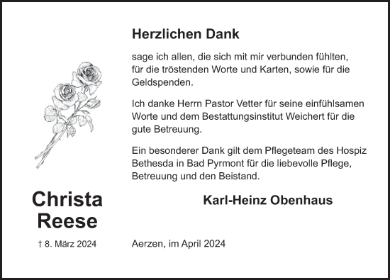 Traueranzeige von Christa Reese von Deister- und Weserzeitung