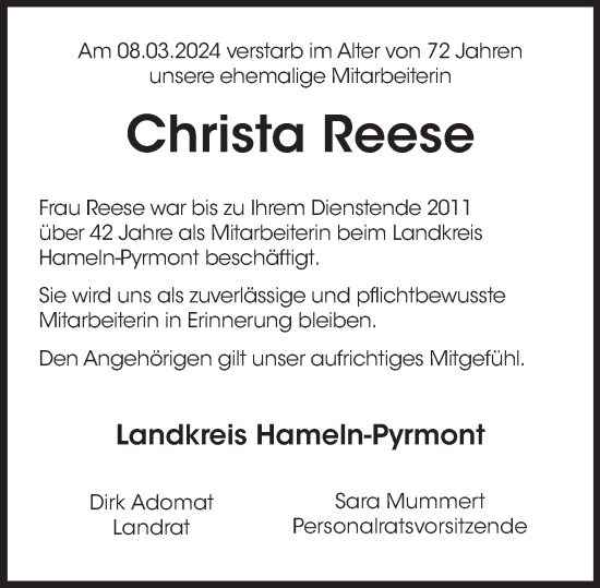 Traueranzeige von Christa Reese von Deister- und Weserzeitung