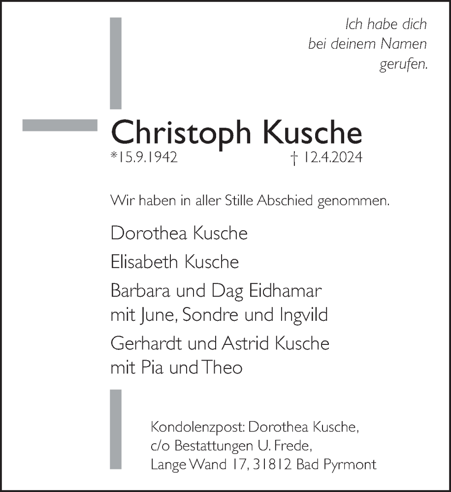  Traueranzeige für Christoph Kusche vom 20.04.2024 aus Deister- und Weserzeitung