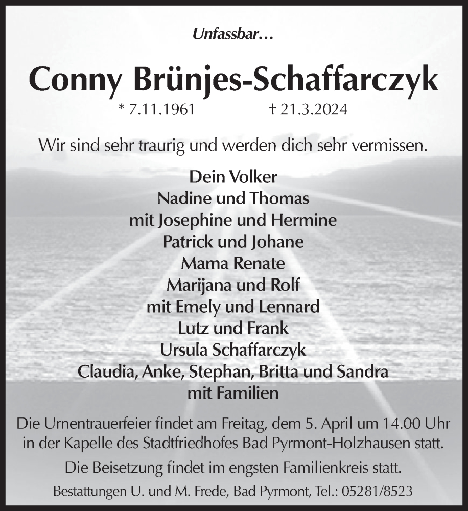  Traueranzeige für Conny Brünjes-Schaffarczyk vom 03.04.2024 aus Deister- und Weserzeitung