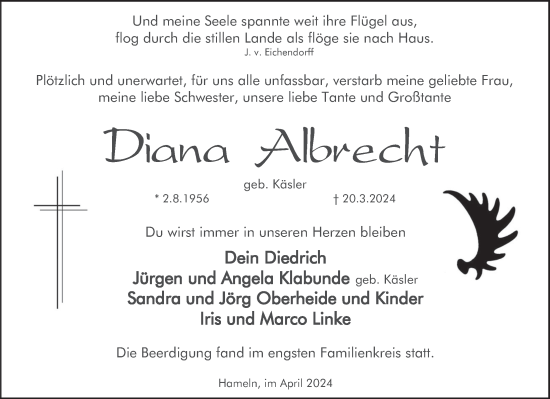 Traueranzeige von Diana Albrecht von Deister- und Weserzeitung