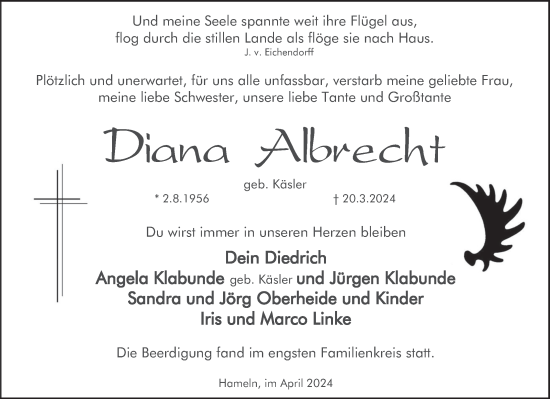 Traueranzeige von Diana Albrecht von Deister- und Weserzeitung