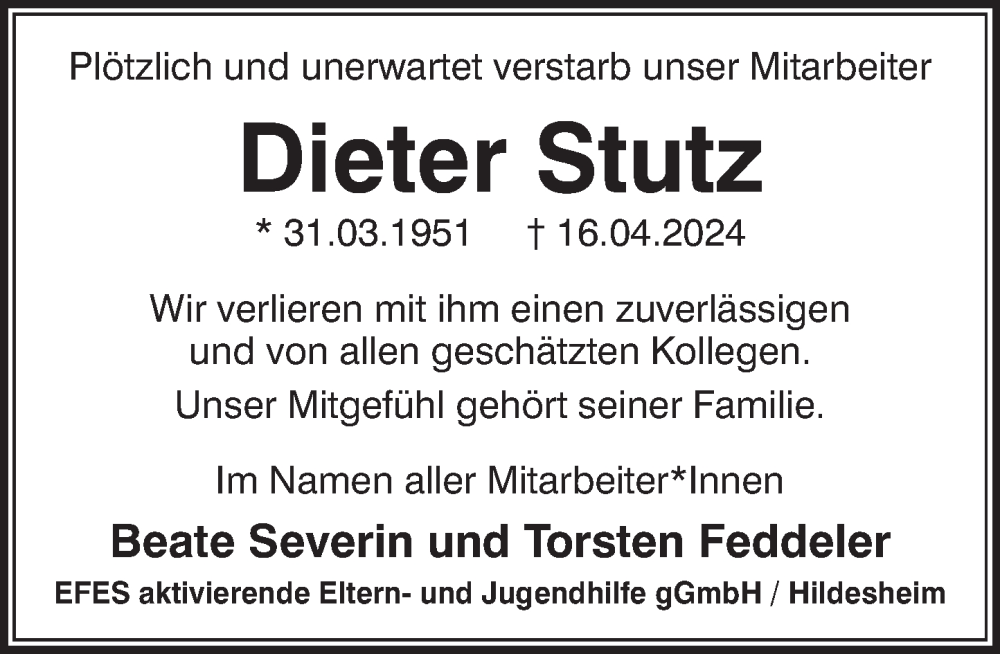  Traueranzeige für Dieter Stutz vom 04.05.2024 aus Neue Deister-Zeitung