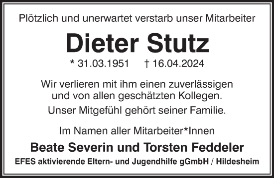 Traueranzeige von Dieter Stutz von Neue Deister-Zeitung